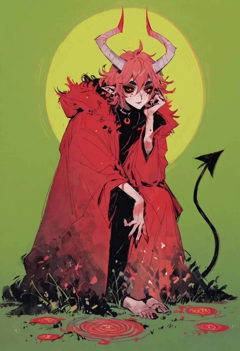 ((score_9, score_8_up, score_7_up)), (full-length character design, assassin woman holding a severed demonic head, bloodstains), modern-style colour illustration, bold & powerful, lifelike art, cultist girl, evil & dark robes, detailed setting, sitting in a woodland grove, exploring the surroundings, deep and colourful background, dark and moody lighting, green and blue and brown, light hair but dark eyebrows, half-obscured face, ceremonial facepaint and bodypaint, e-girl makeup, black choker, flirting, teasing, different poses, inset reaction shot, rich & seductive, freckles, reaction frame, erotic aesthetics