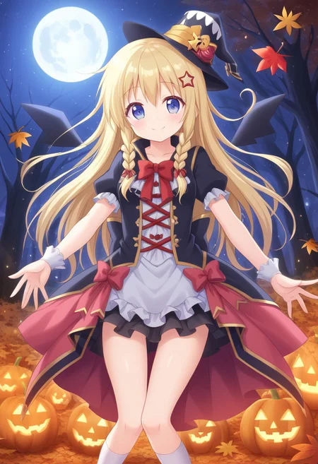 masterpiece, highest quality, (cute girl:1.3) in a (colorful:1.2) Halloween costume, (smiling:1.1), surrounded by (glowing jack-o'-lanterns:1.2), (full moon:1.1), whimsical, playful, autumn leaves, (sparkling:1.0) stars, enchanting forest background, (soft lighting:1.2), by (Tim Walker:1.4), vibrant colors, dreamy atmosphere.