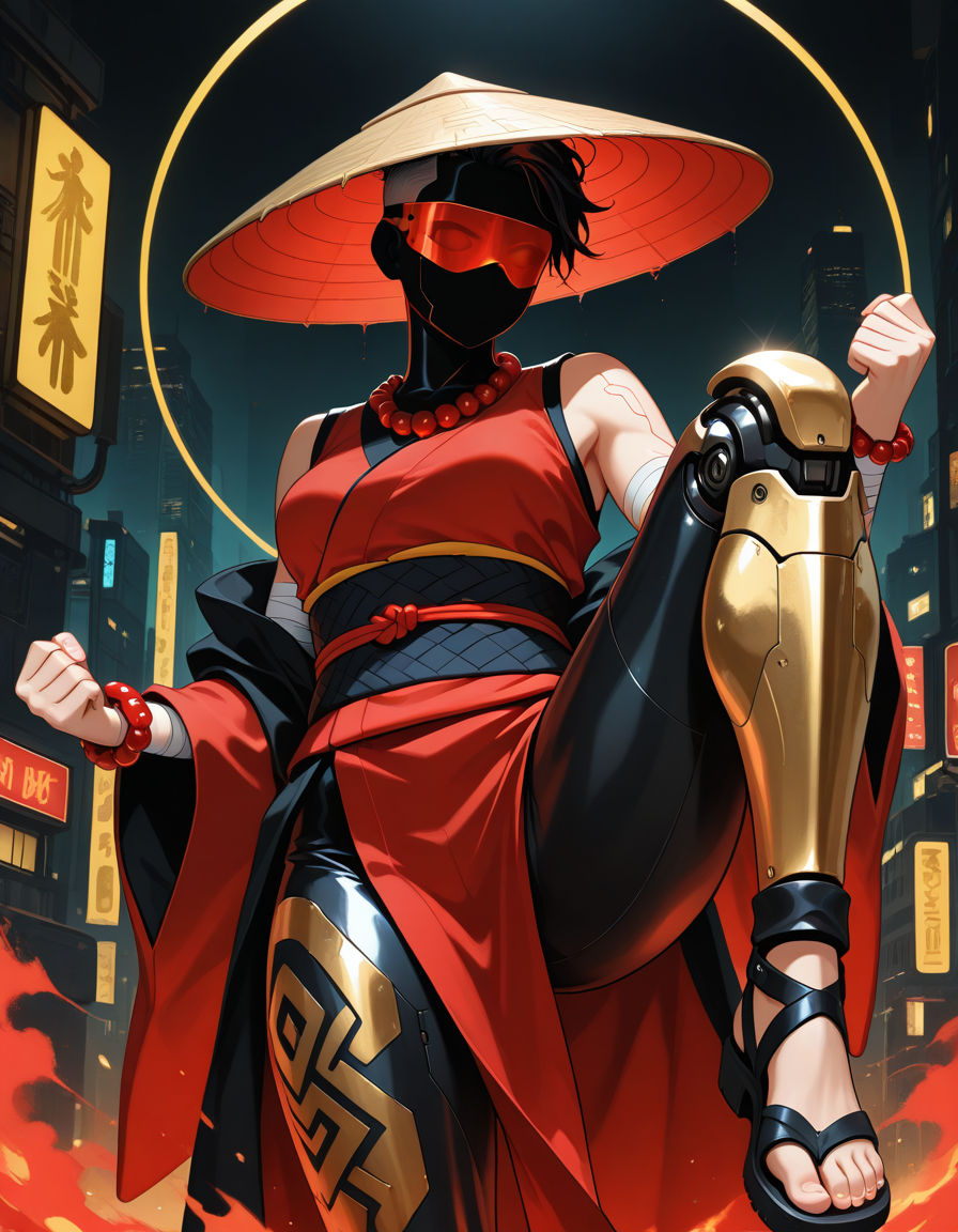 <lora:Silhouette_with_Gold_Foil_v1_IL:1>, silhouette_with_gold_foil, metallic shine, abstract, (masterpiece, best quality, ultra-detailed, absurdres, newest, detailed textures, correct anatomy:1), 
1girl, solo, pelvic curtain, modern japanese clothes, urban monk, red prayer beads necklace, red prayer beads bracelet, ajirogasa hat, monk robes, sleeveless, streetwear, sash, obi, dynamic pose, vibrant colors, action shot, low angle, fighting stance, incoming attack, leg up, neon lights, dark alleys, skyscrapers, cyberpunk cityscape, standing, cowboy shot, battle-ready, focused expression, bandaged arms, visor, undercut, volumetric lighting, holographic colors, gradient colors,
BREAK
glowing hieroglyphics on mechanical leg, glowing lines on mechanical leg, single mechanical leg, intricate mechanical leg design, knee to chest, sandal