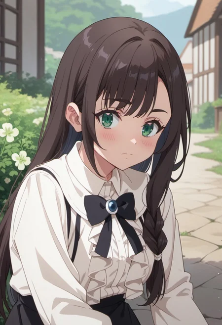 score_9, score_8_up, score_7_up, source_anime, clover alina, dark brown hair, green eyes, long hair, 1girl, solo, shirt, looking at viewer, white shirt, outdoors, long sleeves, closed mouth, blush, meme attire, bow, frills