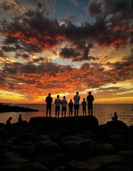 By Ibai Acevedo. A group of people standing on a rocky beach during sunset, silhouetted against a colorful sky filled with vibrant clouds. the sky is filled with a mix of red, orange, yellow, and blue hues, creating a dramatic contrast with the dark silhouette of the people in the foreground. in the center of the image, a few adults and several children are standing close together, facing away from the camera, with their hands clasped together in front of them, while others are sitting on the rocks. the overall mood of the scene is peaceful and contemplative, with the silhouettes of the adults and children creating a sense of intimacy and connection. the water in the background is calm and reflects the colors of the sky, adding to the serene atmosphere.