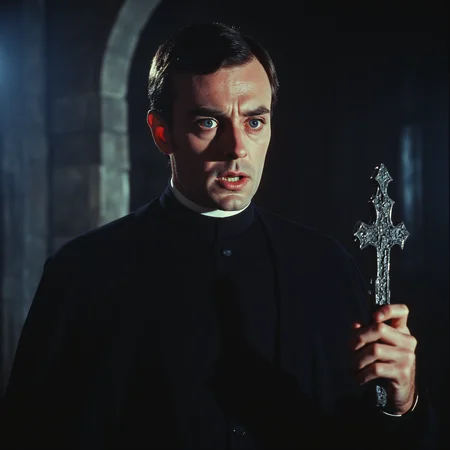 ArsMovieStill, movie still from a 1970s horror movie, The image is a still from a movie or TV show. It shows a man in a dark and eerie setting holding a cross in his right hand. He is wearing a black robe and has a serious expression on his face. The background is dark and blurred with a stone archway visible on the left side of the image. The man appears to be in a state of distress with his eyes wide open and his mouth slightly open as if he is about to speak. The cross he is holding is silver and has intricate designs on it., 1boy, male focus, solo, cross, realistic, black hair, facial hair, priest, real life insert