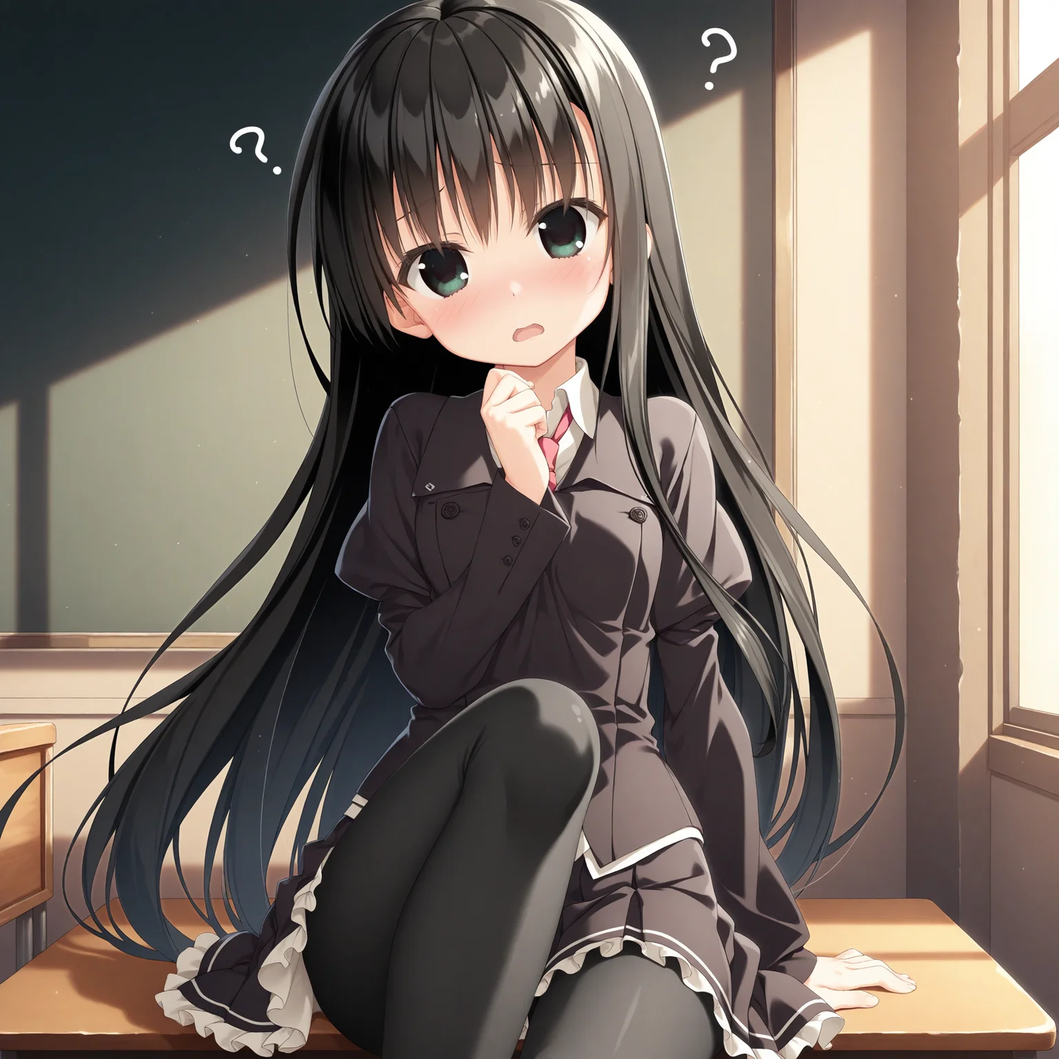<lora:Natsume_Ai_1_nai-000040:1>,Natsume Ai,
school uniform,black pantyhose,juliet sleeves,
1girl,solo,sitting,on desk,front view,looking at viewer,indoors,arm support,head tilt,knee up,shy,open mouth,confused,blush,