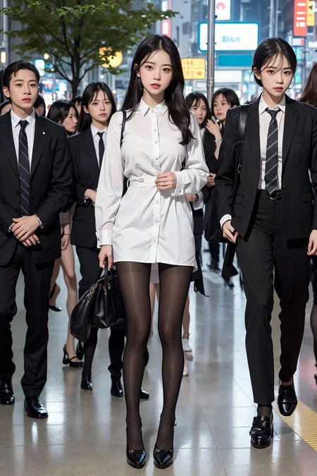 (masterpiece), best quality, highest quality, extremely detailed CG unity 8k wallpaper, detailed and intricate, original,highres,((18 years old girl)),extremely detailed_eyes, fingernails,sexy,large breasts,(eyeliner:0.5),(blush:0.5),black hair,long hair,looking at viewer,solo,office lady, suits, white shirt,striped miniskirt, (black pantyhose:1.1), black heels, LV bags,full body,street, subway station, shop border, akihabara \(tokyo\), shibuya \(tokyo\), shinjuku \(tokyo\), tree,rain, cloudy,beautifully detailed background,depth of field,milf:0.9,model body:1.5,loli:0.1,realistic:1.3,(ambient light:1.3),(cinematic composition:1.3),(neon lights:0.1),(HDR:1),Accent Lighting,(pantyshot:1.1),from below,