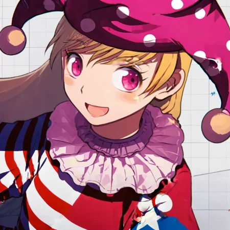 clownpiece 1girl, solo, long hair, looking at viewer, smile, open mouth, blonde hair, hat, striped, pink eyes, polka dot, close-up, jester cap, american flag dress, neck ruff, clownpiece <lora:Gumi-000064:1>