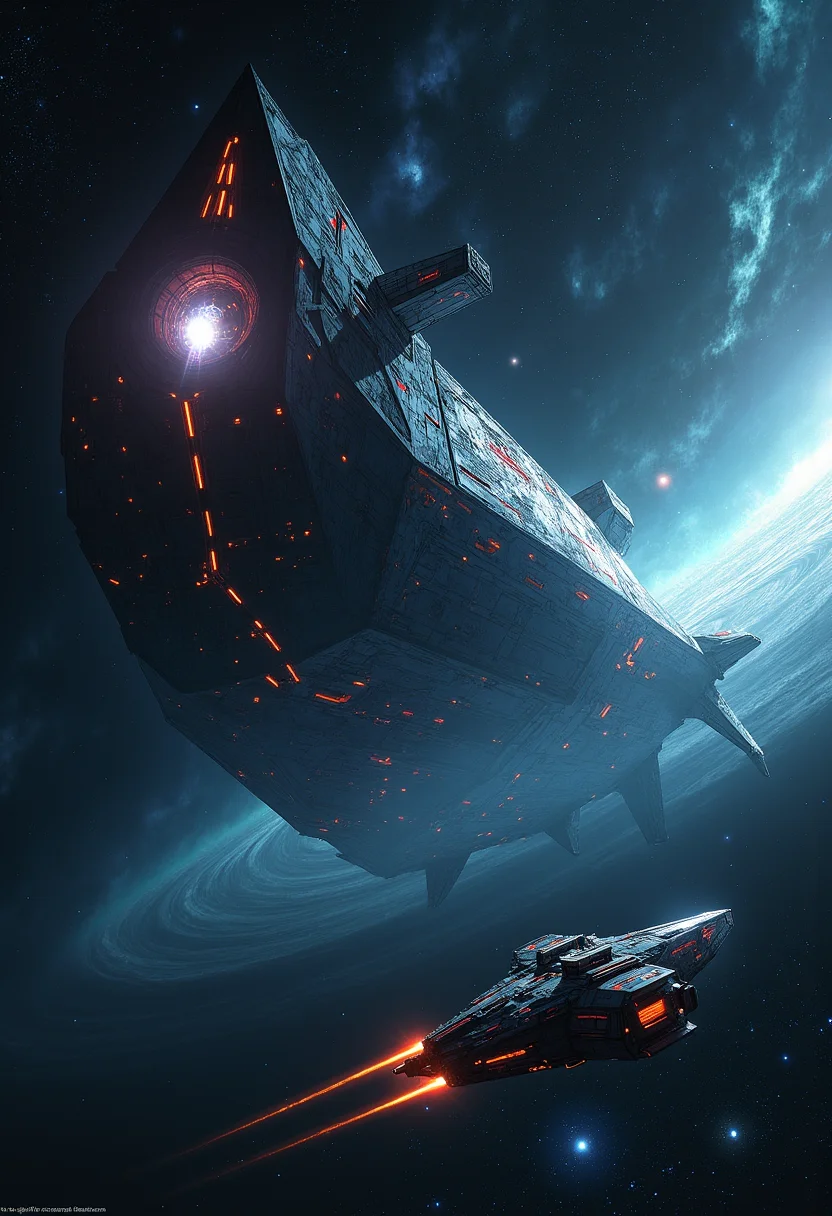 Imagine a vast, dark expanse of space where a colossal spaceship, adorned with shimmering metallic surfaces and intricate geometric patterns, looms large against the backdrop of swirling nebulae. The ship’s hull glows with an ethereal light, casting long, colorful shadows on its sleek, angular forms. In the foreground, floating just above the surface of a distant planet or moon, you see a smaller, more maneuverable craft—perhaps a scout or fighter pod—painted in similar futuristic designs but with hints of vibrant, glowing accents that contrast against the cool metallic sheen.In the background, a cosmic storm rages—a swirling maelstrom of gas and plasma, its edges lit by the brilliant auroras and distant starlight. A few stars twinkle in the blackness beyond, their light distorted by gravitational lensing from nearby celestial bodies. The scene is both alien and otherworldly, with an atmosphere of wonder and mystery, inviting viewers to ponder the vast possibilities of a sci-fi universe. aidmaMJ6.1.