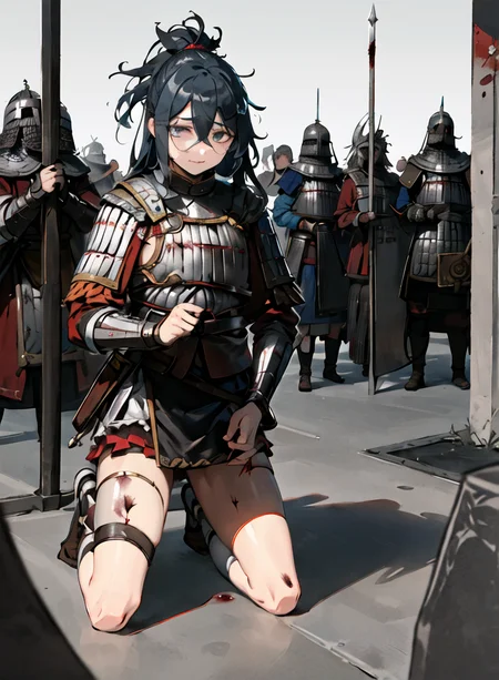 (kneeling:1.5), solo, scale armor, wh chi armor, (masterpiece:1.1025), (best quality:1.05), (an extremely delicate and beautiful:1.05), (extremely detailed CG unity 8k wallpaper:1.05), (absurdres:1.05), (ultra-detailed:1.05), (1girl:1.1), (holding sword:1.1), (sword:1.1), armor, looking at viewer, (sad:1.1), crying with eyes open, detailed black long hair, ponytail, bangs, detailed black eyes, armored dress, gorget, (rain:1.3), detailed background, depth of field, blood on clothes, blood on face, outdoors, detailed cloudy sky, gold trim, red trim, shiny skin, delicate pattern, intricate detail, blood splatter<hypernet:anime:1>