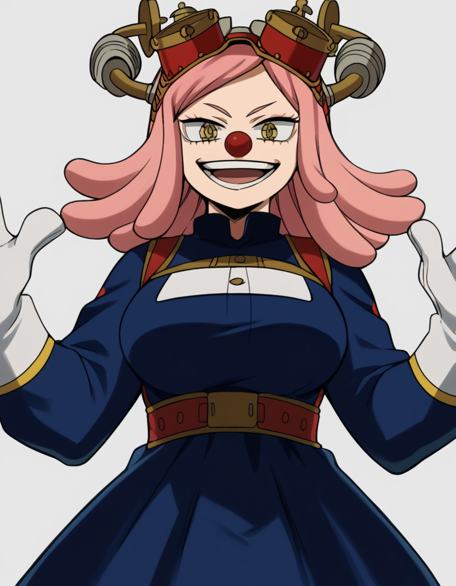 score_9, score_8_up, score_7_up, source_anime, <lora:mei-hatsume-s3-ponyxl-lora-nochekaiser:1>, mei hatsume, yellow eyes, pink hair, medium hair, symbol-shaped pupils, large breasts,, <lora:clown-ponyxl-lora-nochekaiser:1>, clown, makeup, clown nose, facepaint, gloves, long sleeves, frills, dress,, smile, open mouth, smug, , dutch angle, cowboy shot