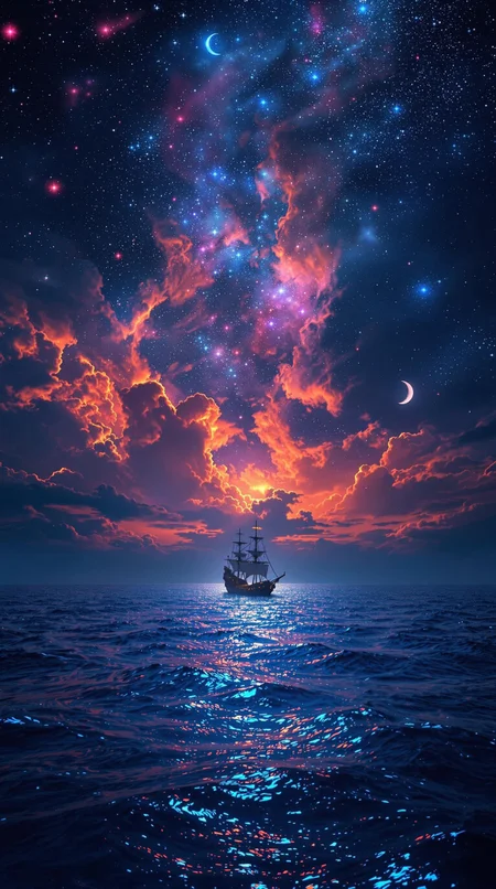 A breathtaking cinematic shot of a celestial seascape, where a lone ship glides across the deep blue ocean. The ancient vessel stands out against the backdrop of a mesmerizing sky, painted with vibrant hues of fiery orange and pink that seamlessly blend with the inky blackness of night. A crescent moon casts a soft glow, illuminating the bioluminescent shimmer of the water. The vast ocean and celestial sky evoke a sense of tranquility, wonder, and awe. The solitary ship adds an air of mystery and adventure, inviting the viewer to embark on a fantastical journey. This conceptual art piece masterfully blends natural beauty with artistic imagination, capturing the magic of the night sky and the allure of the open sea.