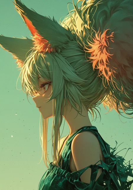 texture masterpiece, best quality, best quality, [quasarcake:crain1art:9], [dlgeria::9], (xxyt-xx:0.85), chen bin, (as109:0.5), fagun_yibei, berryverrine,
cinematic, 1girl, green, fluffy hair, from side, looking ahead, afro puffs, hair_flaps, big hair, animal_ears top down close-up
