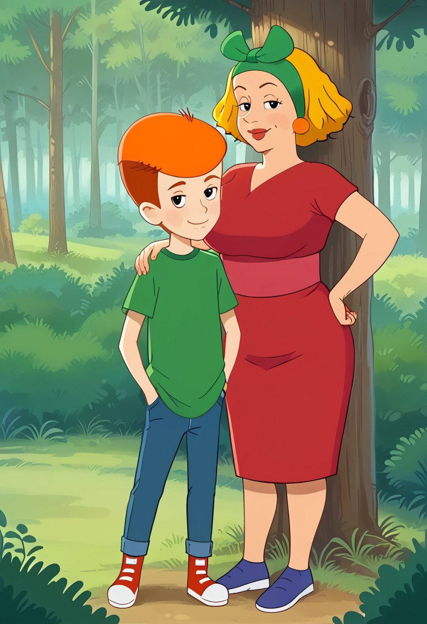 2d, cartoon, margo, fyodor, prostokvashino, forest, bushes, trees, outdoor background, perfect face, perfect hands, detailed, two characters, couple boy and woman, prostokvashino, black eyes, footwear,  couple with size difference, shorter male, 
(margo, woman with short blonde hair with green hairbow, busty milf, red dress, blue footwear   ).
(fyodor, boy with short orange hair, boy in jeans and green shirt, red footwear).
couple posing against viewer, woman hug boy with one hand, smug smile, looking at viewer, standing against tree, boy with hands in pockets,