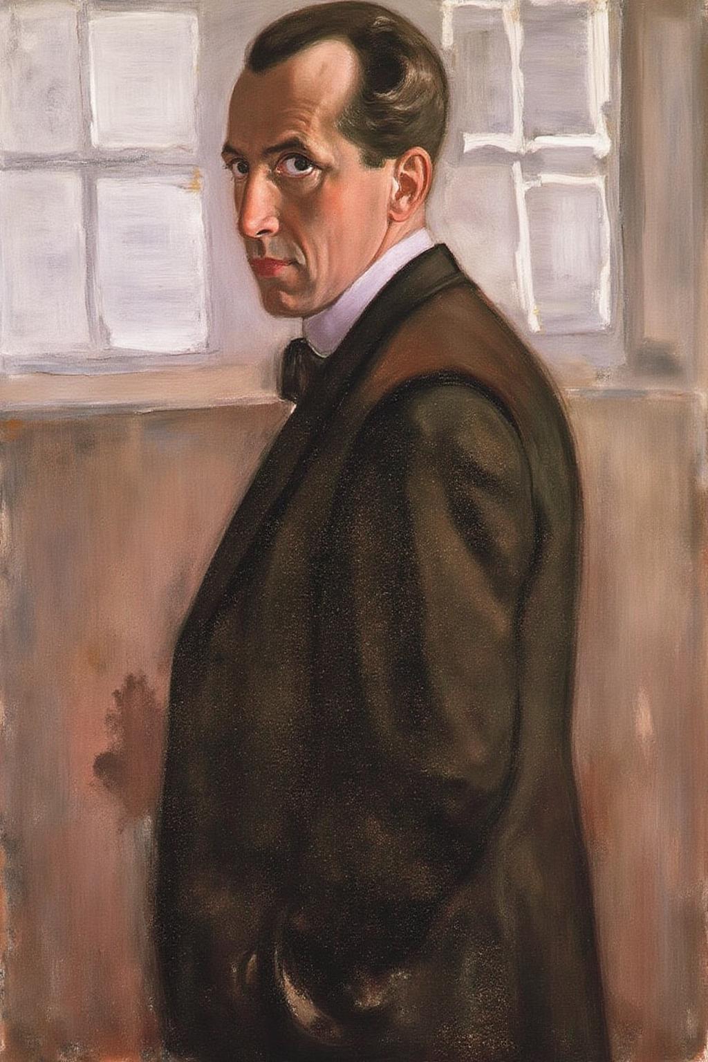 pietmondrian1 painting.
A man, shown in side profile, in a formal suit with a bow tie, stands against a background with a grid-like pattern composed of light and dark tones. He is turning his head to look at the viewer.
 <lora:pietmondrian1_cap_d8a4e11:1.0><lora:860671843567157670:0>