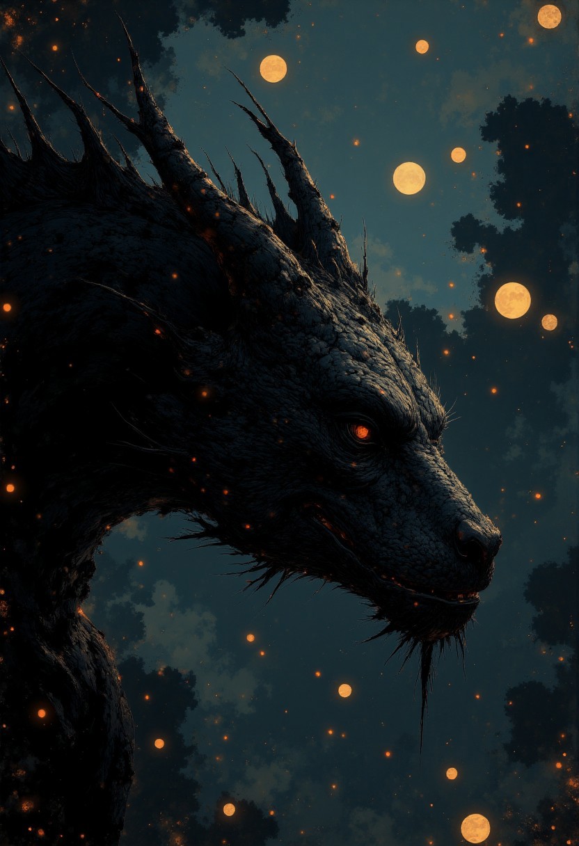 digital art by Adam Martinakis, Goro Fujita and Filip Hodas, Illustration, A cinematic still from a dark fantasy movie featuring the menacing head of a dragon emerging from pitch-black darkness. The dragon’s anatomy is intricate and fearsome, with overlapping, armor-like scales that shimmer faintly where the light touches. Spikes extend from the sides of its head, dark and smooth like polished ebony, while smaller spines trail along its jawline. Its eyes, pierce through the darkness with an intense glare. The light falls dramatically on its face, highlighting the jagged edges of its fangs and the textured scales around its cheeks and forehead. The body, neck, and background are engulfed in impenetrable shadow, creating a stark contrast that emphasizes the dragon's imposing visage. The atmosphere is foreboding and mythical, like a climactic reveal in a fantasy epic. Fantasy painting, art, detailed art, Surrealism, digital manipulation, ethereal landscapes, Concept art, VR painting, imaginative worlds, whimsical characters, digital illustration, dystopian landscapes, surreal compositions, vibrant colors, dynamic dramatic atmosphere, dynamic cinematic color, flowing, best, unique