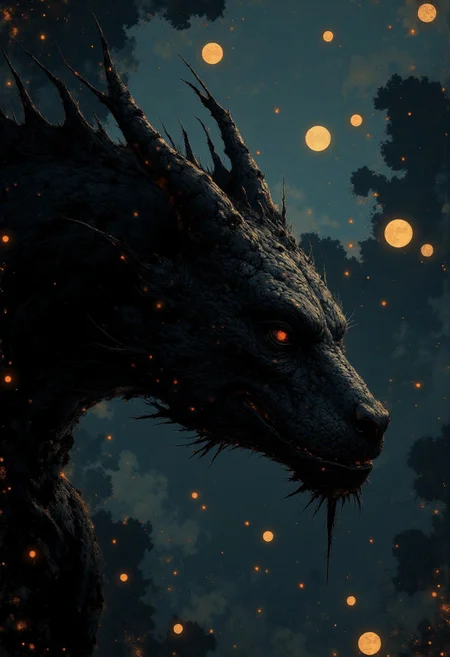 digital art by Adam Martinakis, Goro Fujita and Filip Hodas, Illustration, A cinematic still from a dark fantasy movie featuring the menacing head of a dragon emerging from pitch-black darkness. The dragon’s anatomy is intricate and fearsome, with overlapping, armor-like scales that shimmer faintly where the light touches. Spikes extend from the sides of its head, dark and smooth like polished ebony, while smaller spines trail along its jawline. Its eyes, pierce through the darkness with an intense glare. The light falls dramatically on its face, highlighting the jagged edges of its fangs and the textured scales around its cheeks and forehead. The body, neck, and background are engulfed in impenetrable shadow, creating a stark contrast that emphasizes the dragon's imposing visage. The atmosphere is foreboding and mythical, like a climactic reveal in a fantasy epic. Fantasy painting, art, detailed art, Surrealism, digital manipulation, ethereal landscapes, Concept art, VR painting, imaginative worlds, whimsical characters, digital illustration, dystopian landscapes, surreal compositions, vibrant colors, dynamic dramatic atmosphere, dynamic cinematic color, flowing, best, unique