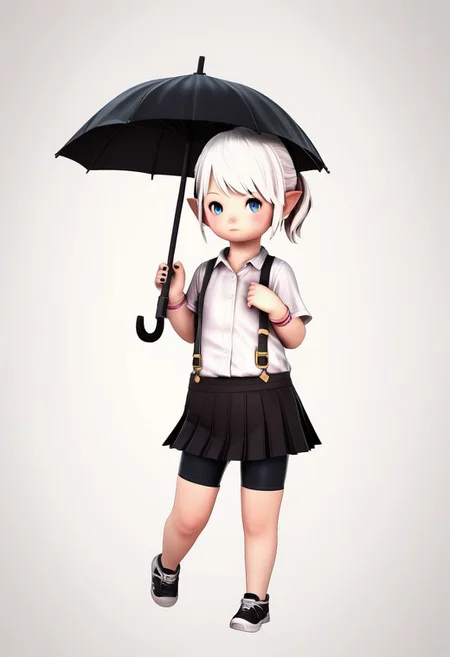 Lalafell, 1girl, LalaTater, bike shorts, bike shorts under skirt, black footwear, black nails, black skirt, blue eyes, bracelet, child, full body, holding, holding umbrella, jewelry, looking at viewer, nail polish, pleated skirt, ponytail, shirt, shoes, short hair, shorts, shorts under skirt, simple background, skirt, sneakers, standing, suspender skirt, suspenders, umbrella, white background, white hair, white shirt, chibi, puntable BREAK PonyXLV6_Scores