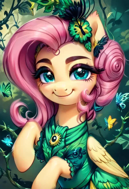 masterpiece, score_9, score_8_up, score_7_up, score_6_up, (best quality:1.1), ultra-detailed, high resolution, (solo), (1WOMAN), (FERAL PONY), (PEGASUS PONY), (FLUTTERSHY) ((light pink hair:1.4)), (highly detailed hair:1.4), (green feather hair accessory:1.4), (highly detailed pony face:1.5), (beautiful detailed turquoise eyes:1.5), (soft smile:1.5), (wide cute innocent eyes:1.5), (long lashes eyelashes:1.5), (detailed pony nuzzle:1.5), (detailed pony ears:1.5), (light yellow shiny skin:1.5),(green peacock feather dress:1.5), (detailed golden lighting:1.5), (green feather peacock background:1.5), (green butterflies background:1.5), (green vine leafs framing the image:1.5), (green feathers all around:1.4), (dynamic pose:1.5), (golden lighting:1.5), high quality, sharp, the quality of ai art is frightening, highly detailed, Highly Visible, sharp focus, high detail, detailed background