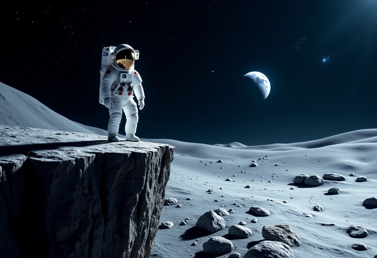 IMG_1017.CR2, astronaut ON THE EDGE OF A CLIFF ON THE MOON SURFACE,, WHITE MOON BOOTS,   low gravity environment,  Earth visible in the distant starry sky, dramatic lighting casting shadows, a sense of adventure and exploration, cool tones contrasted with the bright white suit, ultra-detailed, 4K resolution, expansive view of the cosmos, serene yet awe-inspiring atmosphere, focusing on the vastness of space and humanity's curiosity.