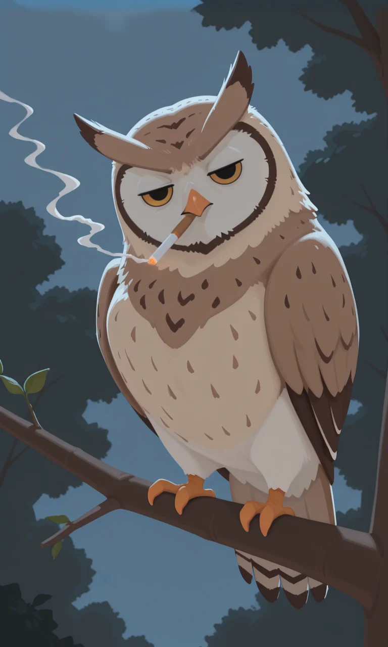 embedding:IllusP0s, g00se, owl, smoking cigarette, annoyed, no humans, on branch, tree, night<lora:g00se_v2_ill.safetensors:0.9:0.9>