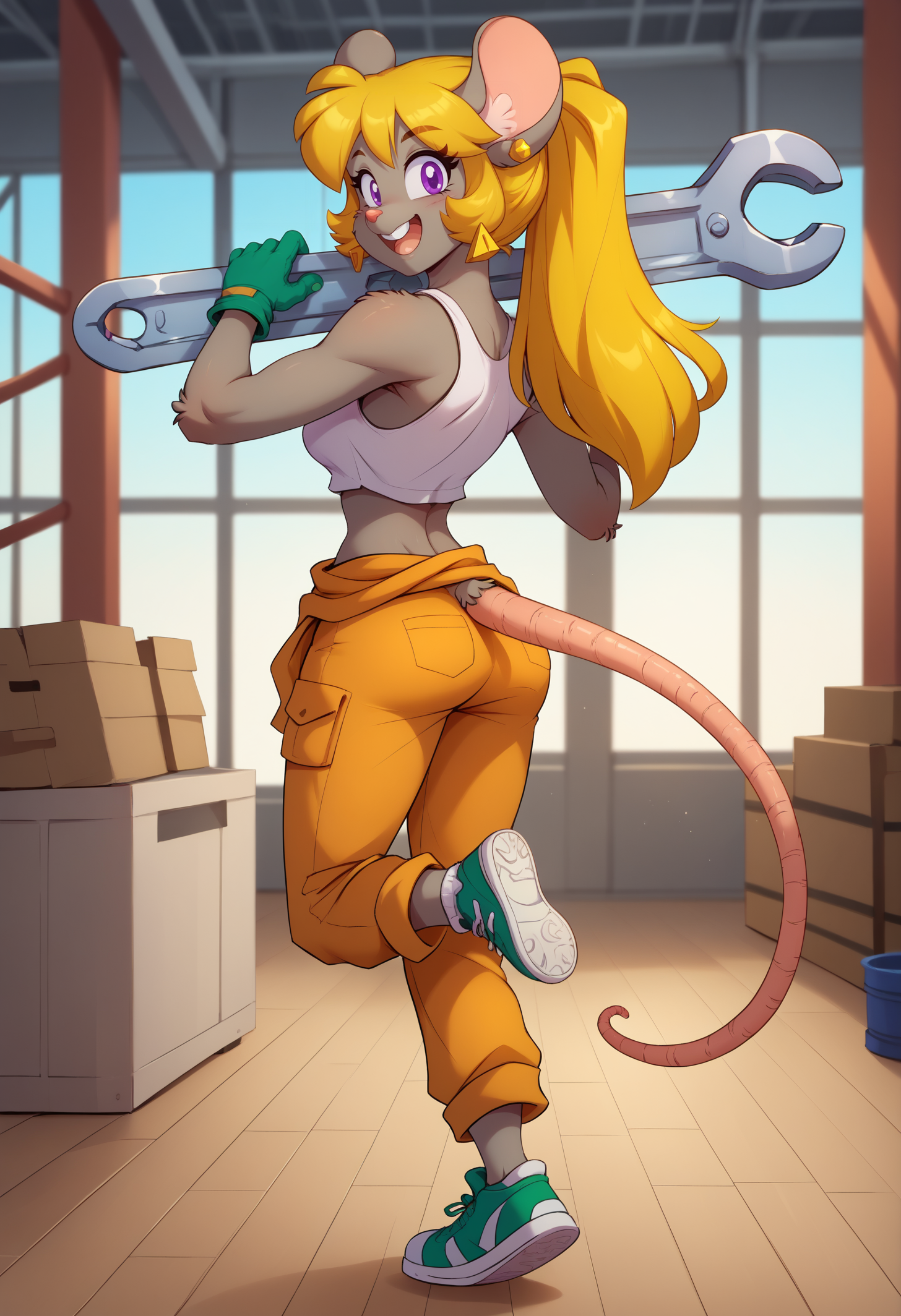 score_9, score_8_up, score_7_up, BREAK 1girl, solo, tootsie, purple eyes, animal ears, mouse girl, mouse tail, grey fur, blonde hair, long hair, ponytail, medium breasts, <lora:TootsieRoswellPDXL_V1-Manityro-CAME:1.0>, indoors, factory, warehouse,
looking at viewer, looking back, rear view, side view, smile, buck teeth, open mouth, holding wrench, big wrench, carrying over shoulder, one leg up, knee up,
white tank top, crop top, green gloves, orange pants, clothing around waist, earrings, green sneakers,