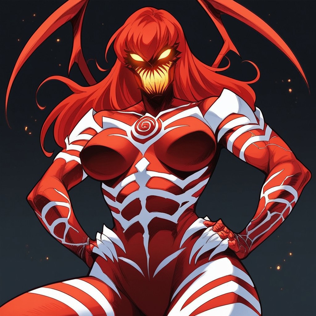 score_9, score_8_up, score_7_up, Expressiveh,  masterpiece, best quality, highly detailed, realistic, (zPDXL3), 1girl, solo, (MiseryMV, monster girl, symbiote, red body, white body, two tone body, red hair, long hair, yellow sclera, no pupils, yellow mouth, claws, back tentacles, hand on hip) low-angle view, close-up, featureless crotch, standing, smile, open mouth, looking at viewer, black background, simple background, uncensored