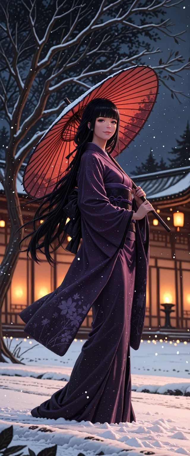 (depth of field, bokeh, highly detailed, textured clothing, absurdres, masterpiece, high_quality, newest, incredibly_absurdres, very_aesthetic, depth_of_field, blurry, blurry_background, bloom, blender_\(artwork\), zbrush_\(artwork\), digital_painting_\(artwork\) light_particles, raytraced, volumetric_lighting)
(1girl, omfv2, wind_lift, windy, dark_theme, 1girl, light_smile, umbrella, long hair, oil-paper umbrella, japanese clothes, scenery, solo, kimono, holding umbrella, lips, black_eyes, architecture, bangs, snow, snowing, ice, icecicle, blunt bangs, black hair, east asian architecture, tree, purple kimono, night, leaf, very long hair, standing, wide shot, long sleeves, sash, obi, outdoors, wide sleeves, building)
