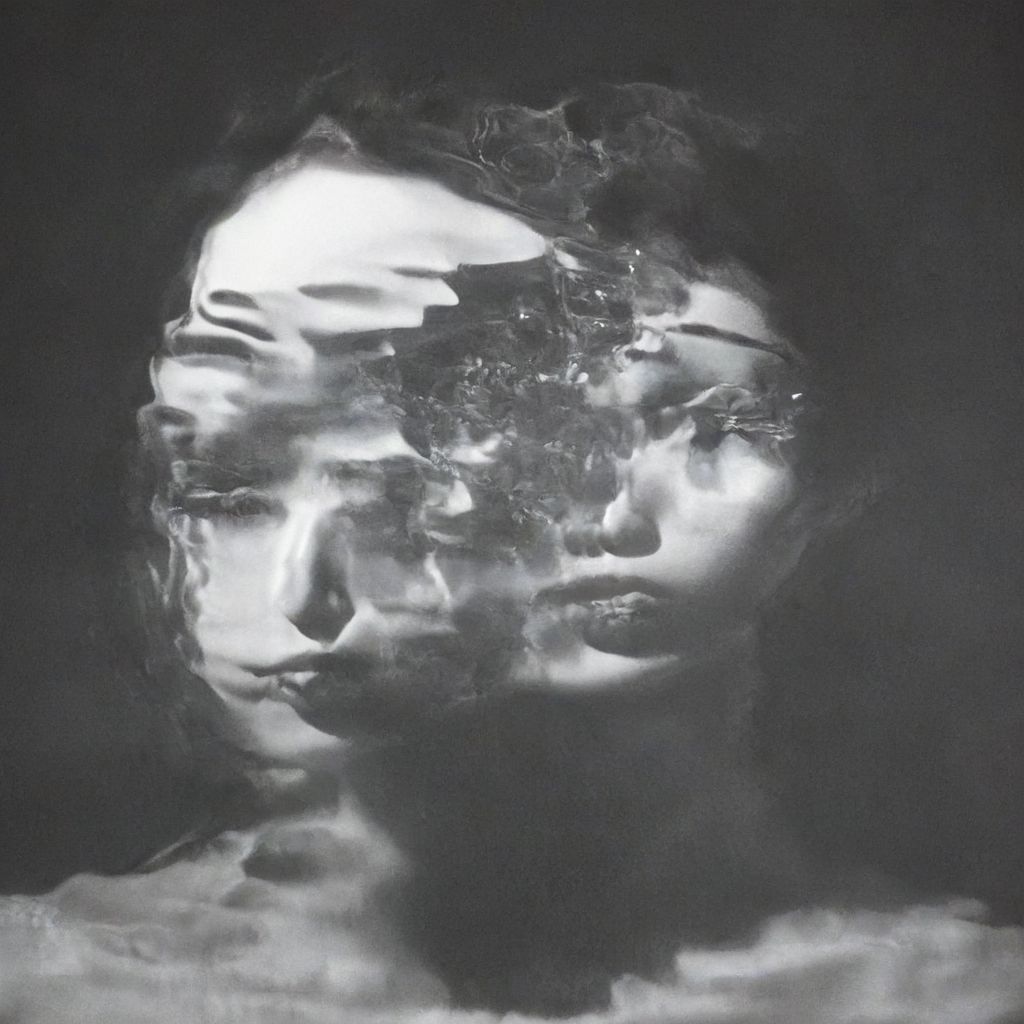 A close-up left facing profile portrait, a beautiful brunette woman made of glass, colorful light from hoph fibration bundles dramatically distorting her features