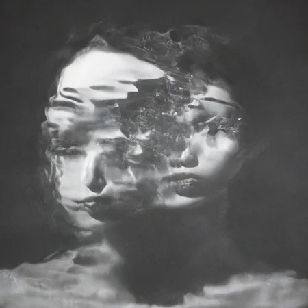A close-up left facing profile portrait, a beautiful brunette woman made of glass, colorful light from hoph fibration bundles dramatically distorting her features
