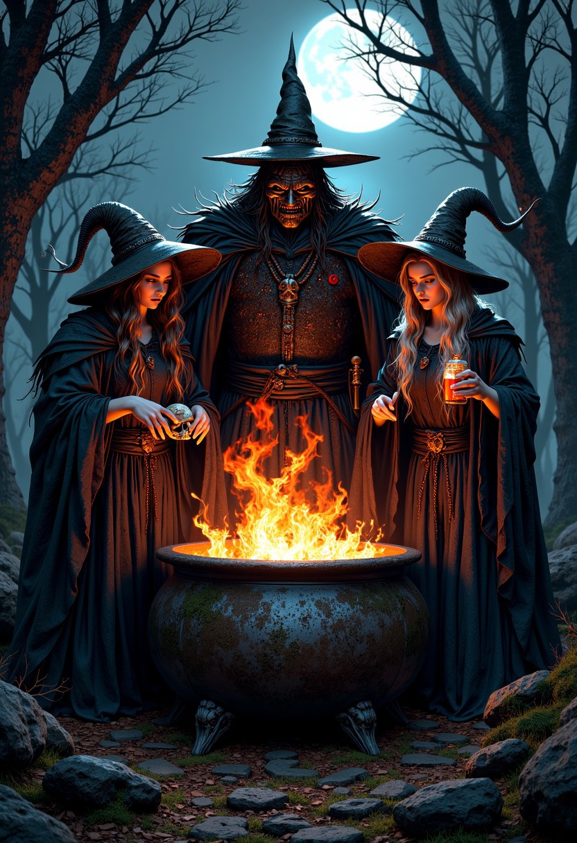 Masterpiece, Three witches in a dark and eerie setting. The witches are dressed in medieval-style clothing and are standing in front of a large cauldron filled with flames. The cauldron appears to be burning brightly, with the flames reaching up towards the top of the cauldron. In the center of the image, there is a large witch wearing a metal face mask and holding a staff. The witch on the left is wearing a hooded cloak and is holding a skull-like object in their hand. On the right is a witch with a long, pointed hat and a long hair, wearing a cloak and holding a potion. The background is dark and foggy, with trees and a full moon visible in the distance. The overall mood of the illustration is ominous and foreboding. high-res, semi realistic, best quality, intricate details, ultra details, good lighting, vibrant colors, very detailed, octane render, ray tracing, mythp0rt
