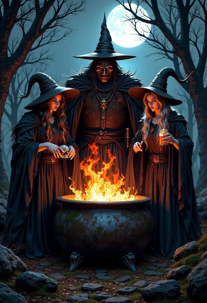 Masterpiece, Three witches in a dark and eerie setting. The witches are dressed in medieval-style clothing and are standing in front of a large cauldron filled with flames. The cauldron appears to be burning brightly, with the flames reaching up towards the top of the cauldron. In the center of the image, there is a large witch wearing a metal face mask and holding a staff. The witch on the left is wearing a hooded cloak and is holding a skull-like object in their hand. On the right is a witch with a long, pointed hat and a long hair, wearing a cloak and holding a potion. The background is dark and foggy, with trees and a full moon visible in the distance. The overall mood of the illustration is ominous and foreboding. high-res, semi realistic, best quality, intricate details, ultra details, good lighting, vibrant colors, very detailed, octane render, ray tracing, mythp0rt