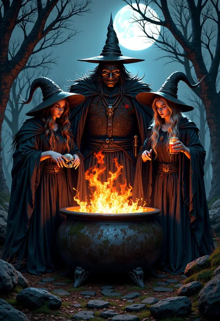 Masterpiece, Three witches in a dark and eerie setting. The witches are dressed in medieval-style clothing and are standing in front of a large cauldron filled with flames. The cauldron appears to be burning brightly, with the flames reaching up towards the top of the cauldron. In the center of the image, there is a large witch wearing a metal face mask and holding a staff. The witch on the left is wearing a hooded cloak and is holding a skull-like object in their hand. On the right is a witch with a long, pointed hat and a long hair, wearing a cloak and holding a potion. The background is dark and foggy, with trees and a full moon visible in the distance. The overall mood of the illustration is ominous and foreboding. high-res, semi realistic, best quality, intricate details, ultra details, good lighting, vibrant colors, very detailed, octane render, ray tracing, mythp0rt