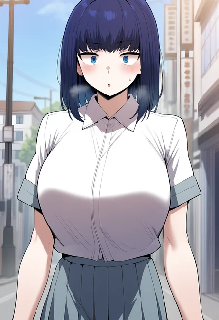 score_9, score_8_up, score_7_up, score_6_up, source_anime, rating_explicit, <lora:neg4all_bdsqlsz_V3.5:2.0>1girl, (solo:1.1), huge breasts, <lora:Na Min-jeongponyxl:1> blue eyes, medium hair, blue hair, white shirt, school uniform, collared shirt, short sleeves, grey skirt, pleated skirt, surprised, Narrow shoulders, heavy breathing, steaming body, street, outdoors, looking at viewer