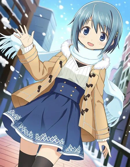 masterpiece, best quality, newest, absurdres, highres, safe, 1girl, miki sayaka \(winter costume\), magia record: mahou shoujo madoka magica gaiden, blue high-waist skirt, jacket, black thighhighs, solo, smile, open mouth, snowing, outdoors, dutch angle, <lora:miki_sayaka_noobaiXLNAIXL_vPred10Version:0.7>