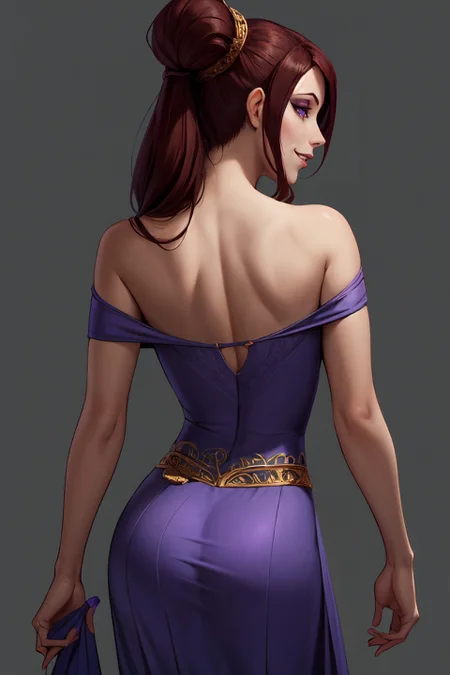 megherc, 1girl, lips, (long dark auburn hair:1.3), ponytail, purple eyes, eyeshadow, long greek purple dress, bare shoulders, detailed skin, detailed eyes, finely detailed hair, (from behind, looking over shoulder, presenting ass:1.7), gorgeous, detailed intricate face, photorealistic, intricate detail, athletic, (abs:0.2), (small demure smile), greek temple, (highly detailed background:1.1), sharp focus, volumetric lighting, subsurface scattering, (OverallDetail:1.2), EyeDetail, HairDetail, <lora:megara_v1-04:0.44> <lora:detail_slider_v4:0.8>