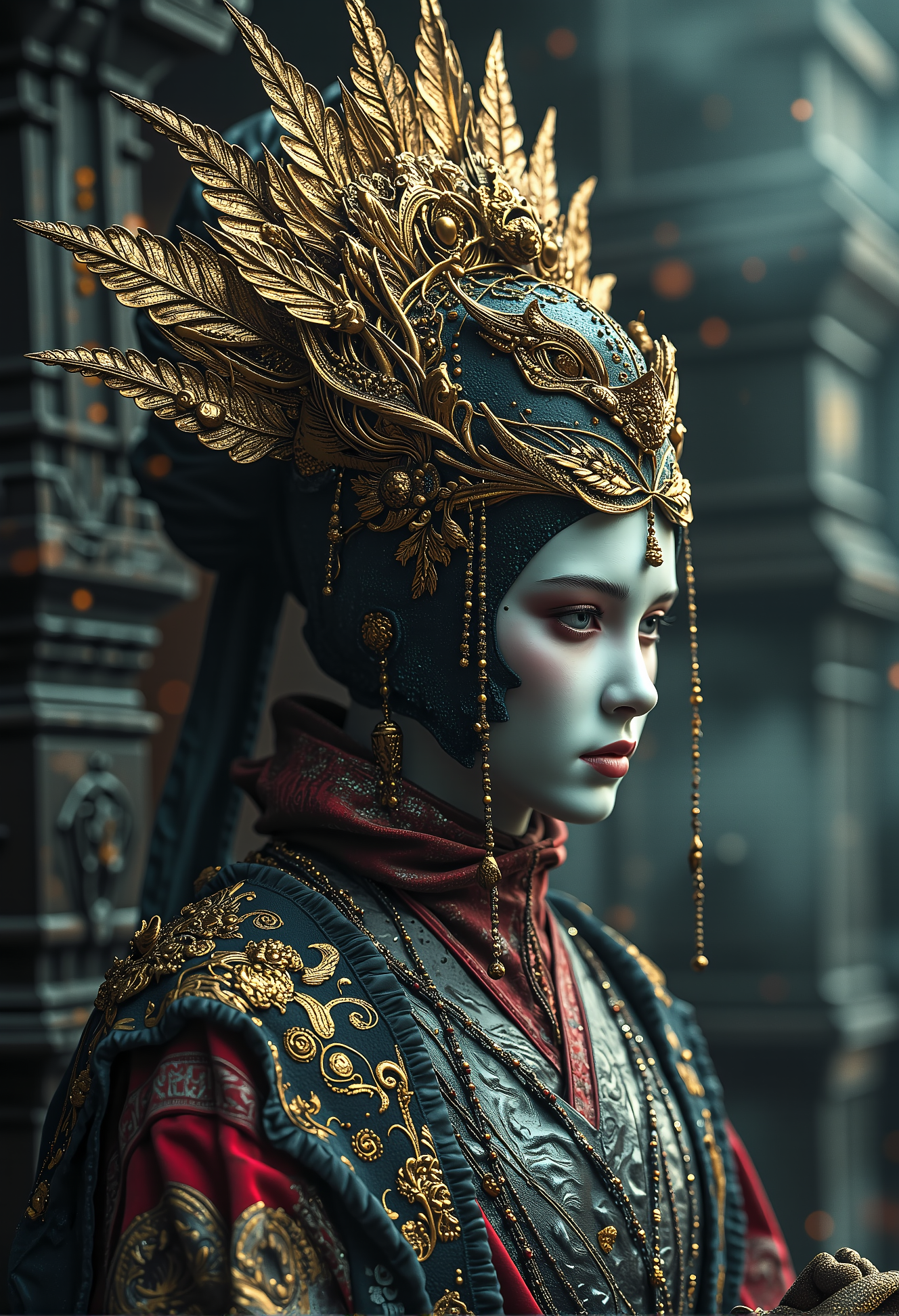 a person wearing a costume, a bronze sculpture by Otto Pilny, featured on cg society, fantasy art, ornate metal gold headpiece, ornate mask and fabrics, ancient asian dynasty princess, holding a sword, atmospheric haze, extremely high quality edited photograph, high contrast, edited in adobe lightroom, vivid colors, perfect white balance, using Broncolor Flash, limited dark palette, 4k, sharp focus, high resolution, 8k UHD, DSLR, high quality, film grain, Phase One <lora:FredFraiStyle-FLUX-Share.safetensors:0.2>,  <lora:MJvSX_Flux_LoRa_v1-000096.safetensors:0.85>,  <lora:Dark side of light.safetensors:0.55>,