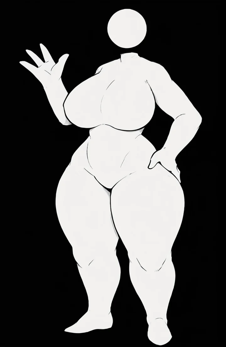 <lora:wrnsignPDXL:1> black background, black lineart, white body, lineless, flat colors, score_7_up, score_6_up, score_5_up, score_4_up, solo BREAK
humanoid, big breasts, wide hips, thick thighs, standing, full body, waving, hand on hip