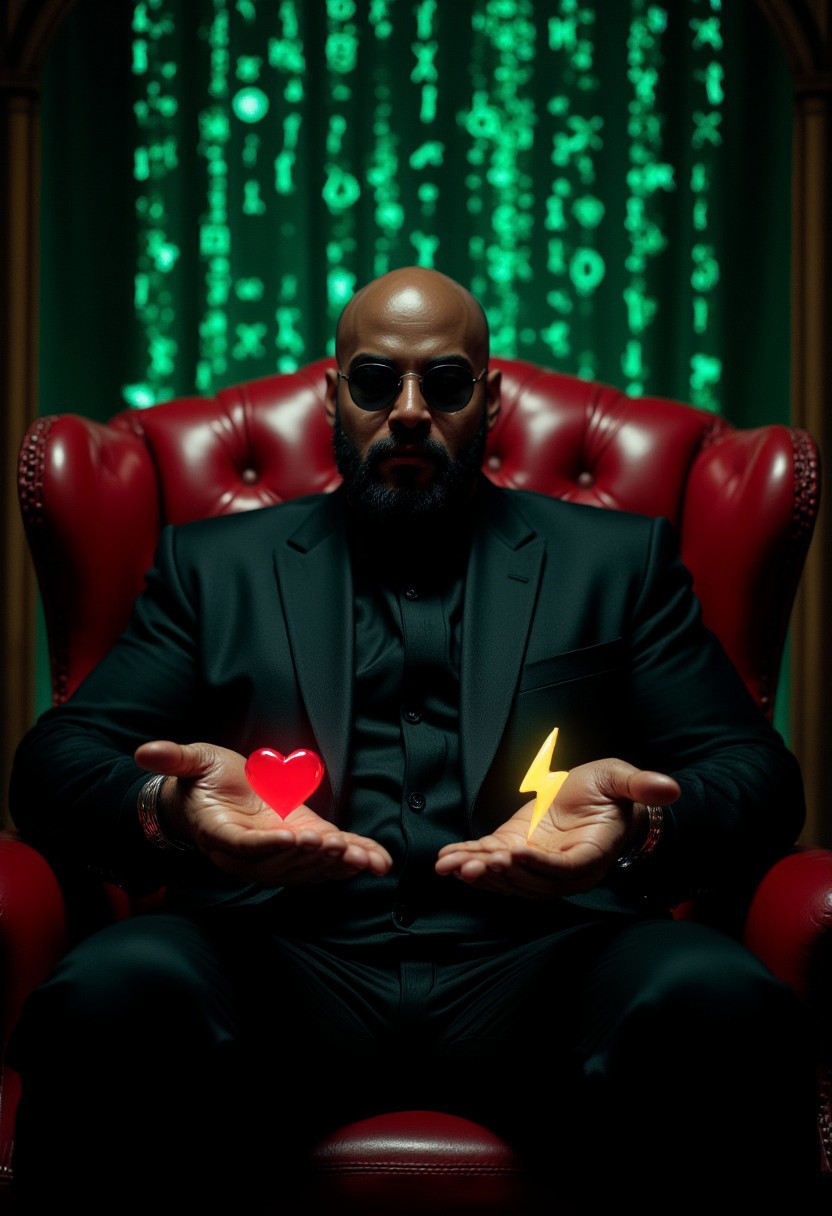Morpheus from the Matrix sits on a red leather chair. Morpheus is a black bald chubby man wearing round black sunglasses. Morpheus is clean shaven and beardless. Morpheus holds out his hands and offers a choice, holding a red heart icon on one palm and a yellow bolt icon on the other. The background is of falling green symbols from the Matrix. The image is filled with dim colors. Photograph, realistic, higly detailed, atmospheric perspective, Depth of field 100mm. midjourneyv6.1, detailmaximizer,