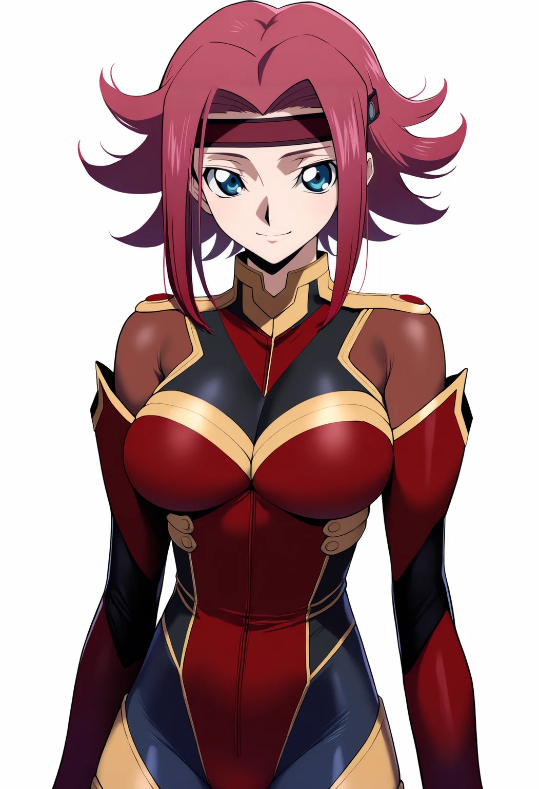 masterpiece, best quality, very aesthetic, absurdres,
1girl, kouzuki kallen, red hair, short hair, blue eyes,
flipped hair, headband,
bodysuit, pilot suit, red bodysuit,
standing,
upper body, smile, solo, looking at viewer, simple background, white background, <lora:KallenKouzukiMovieNoobXLV2_byKonan:1>