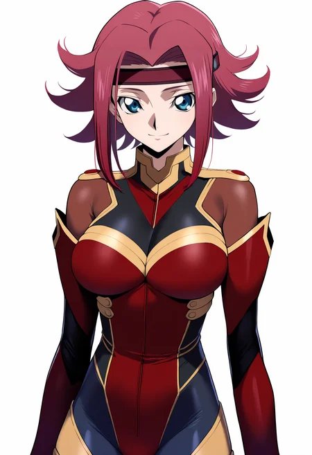 masterpiece, best quality, very aesthetic, absurdres,
1girl, kouzuki kallen, red hair, short hair, blue eyes,
flipped hair, headband,
bodysuit, pilot suit, red bodysuit,
standing,
upper body, smile, solo, looking at viewer, simple background, white background, <lora:KallenKouzukiMovieNoobXLV2_byKonan:1>