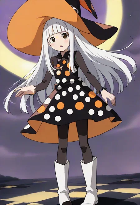 source_anime, anime, (vivid colors, bright colors:1.1),, adult, white hair,long hair,bangs,orange hat, thin hat, witch hat, black dress,black pantyhose,white boots,polka dots,polka dot dress, <lora:Eureka_Frog_v10:1>,