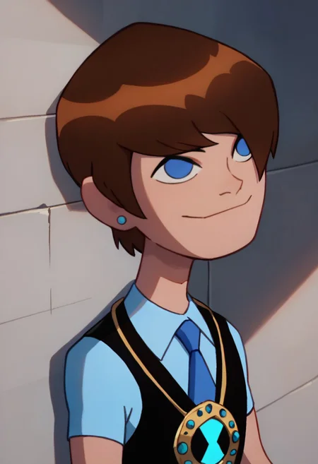 score_9, score_8_up, score_7_up, masterpiece, best quality, amazing quality, best aesthetic, ,absurdres,intricate details,Ben23,1boy,solo,brown hair,short hair,blue eyes,,blue shirt, short sleeves,black vest, blue necktie,upper body,smile,smile,closed mouth,