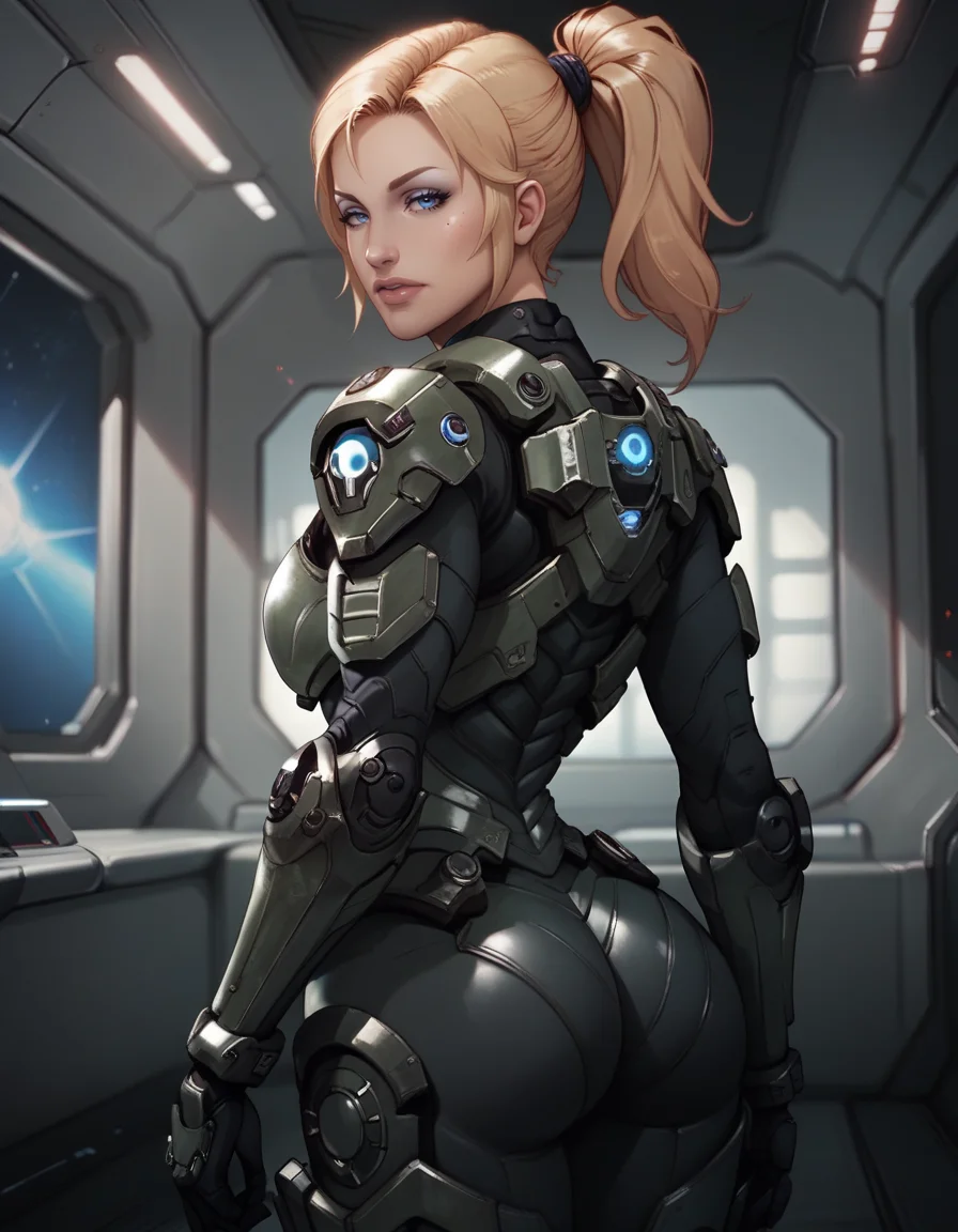 score_9, score_8_up, score_7_up,
1girl, solo,
icesstdg,
blonde hair, blue eyes, looking at viewer, ponytail,
half-closed eyes,
spacecraft interior, science fiction,
armor, from behind, black bodysuit,
<lora:Ice SS Troopers PXL v01-000001:1>
