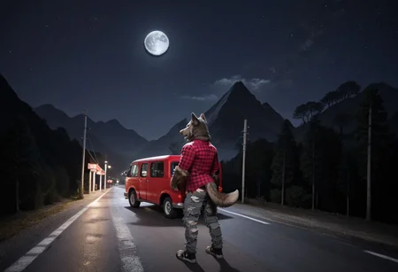 zPDXL3, masterpiece, best quality, highly detailed, score_9, score_8_up, score_7_up, score_6_up, full body picture of the Lobinez, furry male, solo, wolf, red plaid shirt, grey torn pants, torn shoes, claws, tail, solo, best resolution, best quality, masterpiece, outdoors, night, star_(sky), full moon, moon, moonlight, road, building, diner, pickup truck, truck, power lines, utility pile, scenery, mountain, night sky