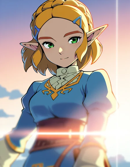 masterpiece, best quality, good quality, newest, the legend of zelda, Zelda, very aesthetic, backlighting, lens flare, (solo focus:1.2),  depth of field, cinematic, 1girl, solo