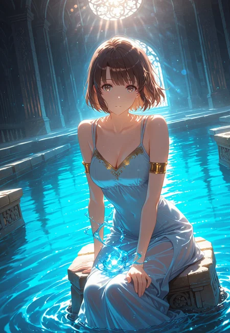 safe_pos, safe_pos, 1girl, solo, Megumi <lora:IL-KatoMegumi:0.8>,brown hair,katou megumi,brown eyes,medium breasts,short hair hair,deadpan eyes,((detailed eyes, good fingers))
ancient ocean temple, sitting on a stone altar, partially submerged in glowing blue water, bioluminescent coral, dress with golden embroidery, cleavage, golden armlets, swirling water magic, soft waves at her feet, glowing symbols on walls, divine pose, looking at viewer,
dynamic angle, (close-up shot), from 45 degrees, cinematic framing, cool toned lighting,(digital painting:0.8), mythp0rt, bokeh,
elegant, masterpiece, best quality, highly detailed, high contrast, dramatic shadows, raytracing