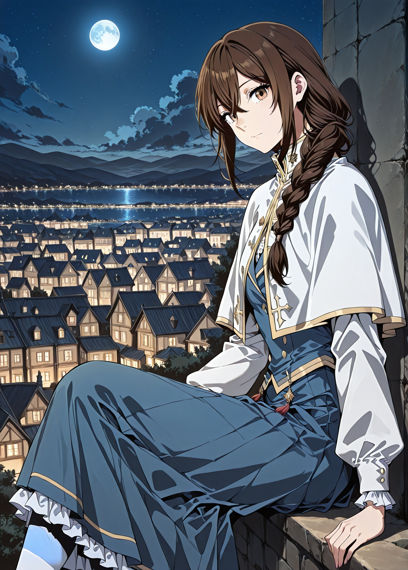 <lora:Lilia_Helstea__The_Beginning_After_the_End__Illustrious:1>
1 girl, solo, brown hair, brown eyes, long hair, hair between eyes, single braid
blue uniform, long sleeves, white capelet, white theghhighs, long skirt, blue skirt, frills
score_9, score_8_up, score_7_up, score_6_up, source_anime, masterpiece, best quality, absurdres, highres, newest, anime coloring <break>  1girl, solo, sitting, on wall, from side, town, night sky, clou, looking at viewer, night, blue moon, <lora:iLLMythG0thicL1nes:1>