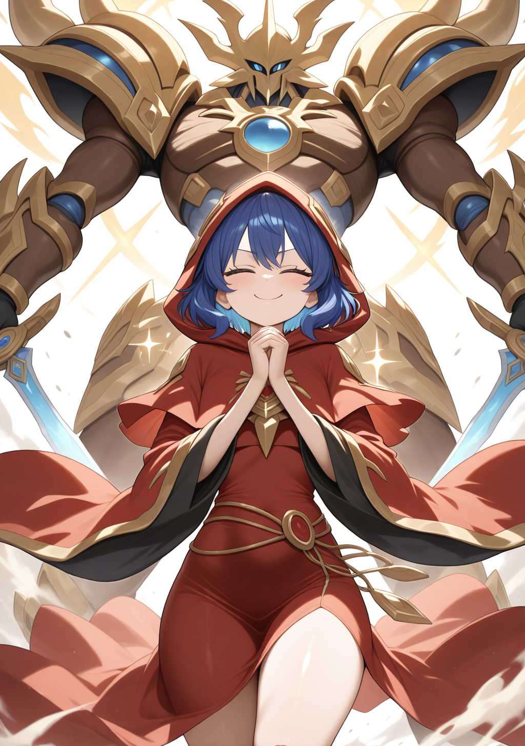 masterpiece, best quality, absurdres, perfect lighting,shiny skin,<lora:StS-Illustrious-Detail-Slider-v1.0:3>,<lora:illustrious_noobai_epsilon_pred_1_best_quality_v1:1>,<lora:Lo, the Prayers of the Voiceless Voice:0.9>,1girl,1boy,Lo_chan,blue eyes, blue hair,short hair,hood,wide sleeves, red dress, long sleeves, cloak,baggy pants,skull guardian,brown armor,dual wielding,duel monster,holding sword,happy aura, closed eyes, praying,solo,simple background, sparkle background,