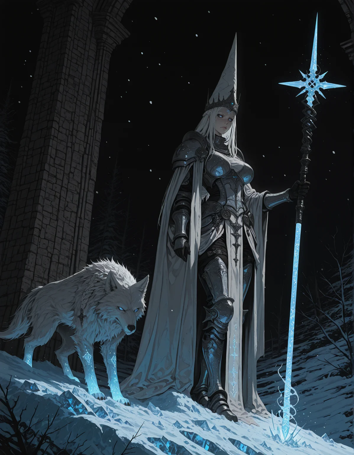 masterpiece, best quality,high quality, newest, highres,8K,HDR,absurdres, 1girl, white hair, long hair, braids, pale skin, blue eyes, silver armor, intricate armor, glowing runes, staff, blue glowing staff, wolf, white wolf, fit, witch, large breasts, fit, skinny, magical, ice, snow, rocky background, dark background, icy textures, snow-covered rocks, mystical, powerful, regal, medieval fantasy, high fantasy, detailed, realistic style, fantasy character, glowing effects, fantasy setting, ice magic, snow-covered landscape, standing, holding staff, serious expression, intricate design, fantasy creature, winter scene, <lora:iLLMythSmo0thL1nes:1> Smo0thL1nes