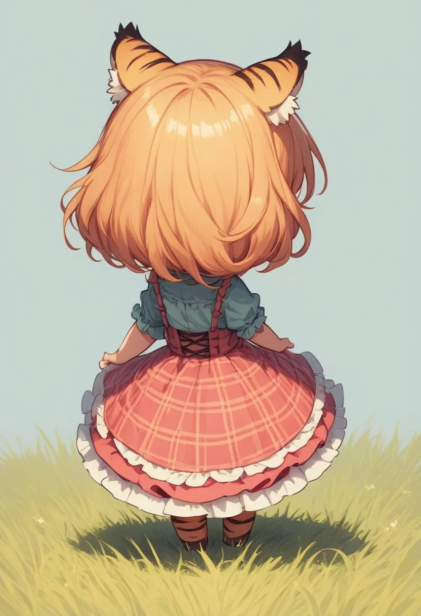 score_9, score_8_up, score_7_up, best quality, fine detail, cute, tiger girl, chibi, :<, surrounded by real tigers, Savannah, grass from behind,