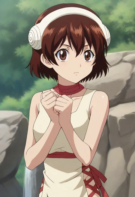 <lora:SlimesYuzuriha:1>, slimes_yuzuriha, woman, solo,short hair,brown hair,brown eyes,