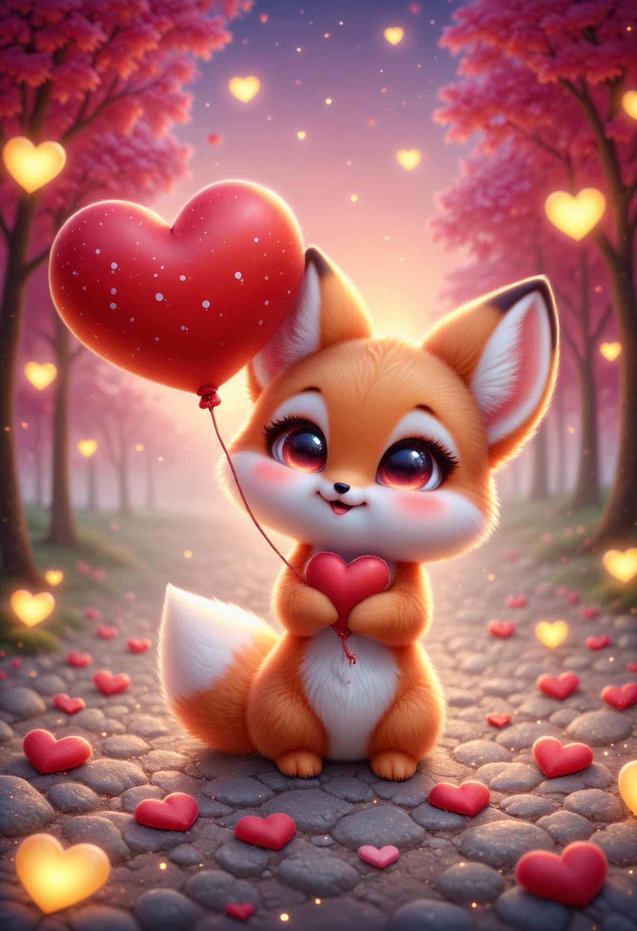 A chibi fox holding a red heart-shaped balloon, standing on a cobblestone path lined with glowing lanterns shaped like hearts. The warm sunset sky is filled with tiny, floating hearts. (incredibly absurdres, ultra-detailed, CG, unity, 8k wallpaper), (masterpiece), pinkchibivalentine, <lora:PinkieChibiValentineSDXL:1>,